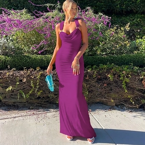Detail of purple backless slim dress showing cowl neck design and fitted long silhouette