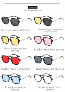 Matrix display of various lens colors for double-bridge square pilot sunglasses