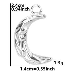 Detail view of crescent moon pendant with hammered texture including size and weight specs