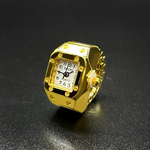 Minimalist golden square dial finger ring watch with metal stretch band and quartz movement