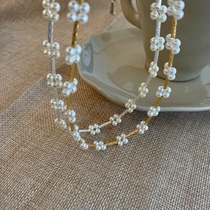 Elegant pearl flower choker necklace set in gold and silver finish with woven chain