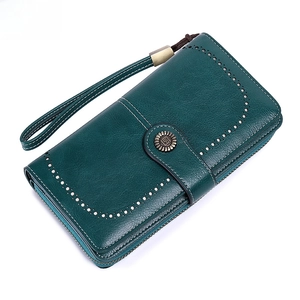 Deep teal long RFID blocking leather wallet for women with wristlet and metal buckle