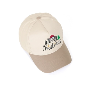 Close-up of Merry Christmas embroidery and color block design on a five-panel baseball cap