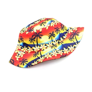 Reversible bucket hat with tropical palm tree sunset print for summer sun protection
