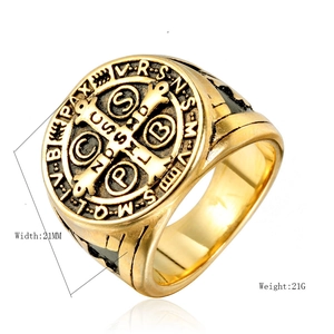 Mens vintage gold Saint Benedict cross ring in stainless steel 21mm wide 21g weight