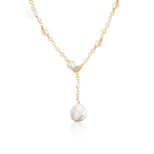 Baroque freshwater pearl necklace with gold chain and diamond accents in a Y-shaped design
