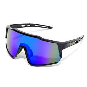 Oversized sports cycling sunglasses with black frame and purple-blue mirrored lens