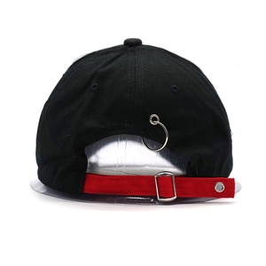 Hip-hop baseball cap back view featuring red strap adjuster and silver ring detail