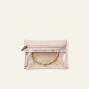 Beige fluwelen sieradenzakje met transparant PVC-venster en gouden metalen ritssluiting
