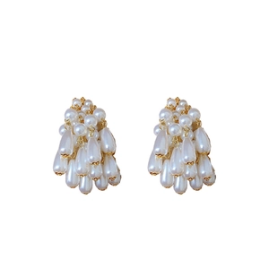 French style silver needle earrings with teardrop pearl tassels and golden metal finish