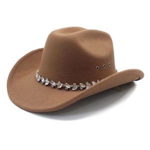Detail of brown wool cowboy hat with sparkling crystal rhinestone band and metal eyelets