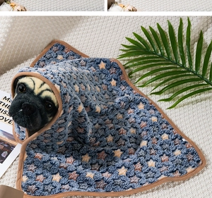 Detail of soft blue flannel pet blanket with star pattern wrapped on a dog model