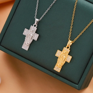 Micro-pave cross necklace with Virgin Mary relief in gold and silver finish options