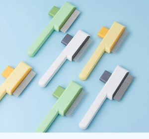 Top view of self-cleaning pet grooming brushes in mint green, yellow, and white colors
