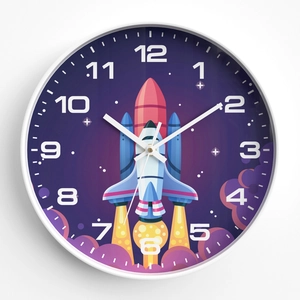 Cartoon astronaut rocket wall clock with purple starry sky dial for kids room