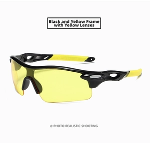 Detail of sports goggles with black and yellow frame and clear yellow vision lenses