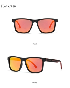 Detail view of TR sunglasses with matte black frame and red mirrored lenses from two angles