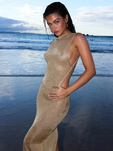 Women Sexy Knit Mesh Maxi Dress Halter Neck Backless Split Hem Metallic Sheen Beach Vacation Slim Fit