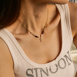 Cross Pendant Necklace 18K Gold Plated Stainless Steel With Freshwater Pearl And Zircon Beaded Chain Light Luxury Jewelry
