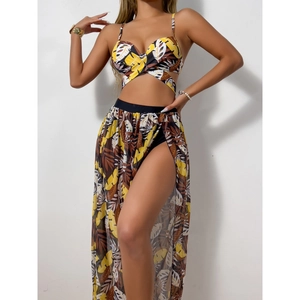 Three-piece tropical leaf print bikini set with cross-top and high-slit mesh beach skirt