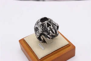 Macro view of vintage silver skull ring showing detailed skeletal claws and aged finish