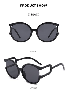 Front and 45-degree side views of round black sunglasses with hollowed temples
