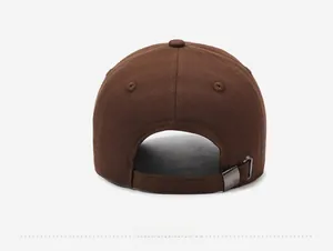 Detail view of cotton baseball cap back with adjustable metal buckle and embroidery