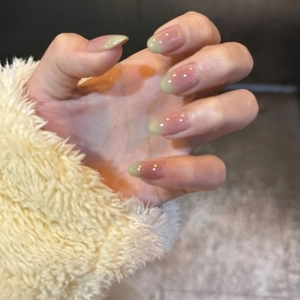 Press On Nails Almond Long Glossy Gradient Pink Green Blush False Nails Wearable For Women Sweet Elegant DIY Manicure