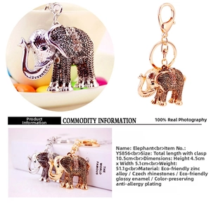 Macro detail of elephant keychain showing rhinestone inlay and 10.5cm dimension