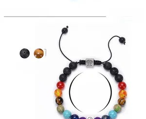 Detail showing 8mm lava stone chakra bracelet with silver tree of life charm and size specs
