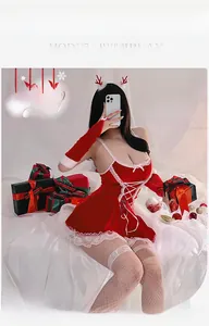 Detailed Christmas lingerie set with red velvet dress, white lace trim and reindeer headband