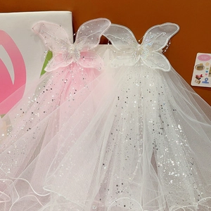 Sparkling bow tulle veil hair clip with butterfly sequins and pearl tassel for girls