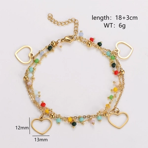 Double-layered gold bracelet with colorful beads and hollow heart charms measuring 12x13mm