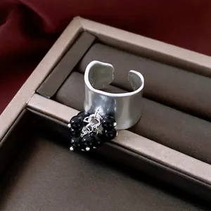 Irregular textured silver open ring with black beaded pendant charms for women
