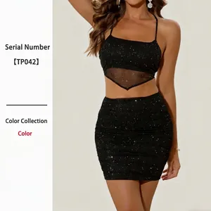 Women Sequin Camisole Crop Top And Ruched Mini Skirt Mesh Patchwork Sexy Party Night Out Clubwear