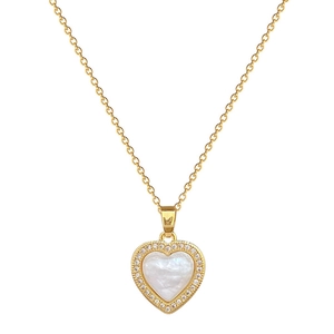 Elegant gold titanium steel heart necklace set with mother of pearl and small zircons