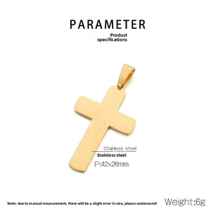 Detail showing a 42x26mm golden stainless steel cross pendant with geometric line pattern