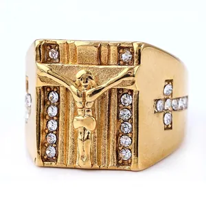 Punk style gold-plated stainless steel ring with Jesus relief and diamond accents