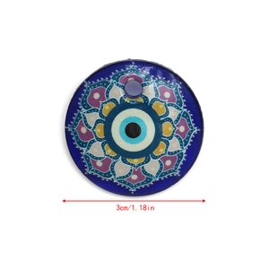 Macro view of 30mm blue evil eye glass pendant with mandala pattern and size dimensions