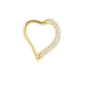 Detailed view of heart-shaped gold cartilage piercing earring with sparkling gemstones