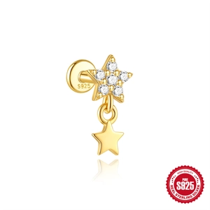 S925 sterling silver gold star dangle earrings with sparkling cubic zirconia stones