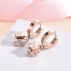 Elegant rose gold butterfly drop earrings with frosted wings and sparkling zircon inlay