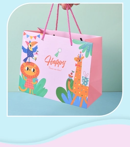 Pink cartoon gift bag with animal illustrations and Happy Times lettering for kids