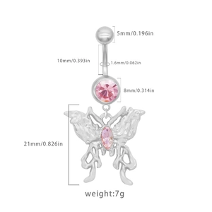 Butterfly belly button ring in stainless steel with pink crystals and size dimensions