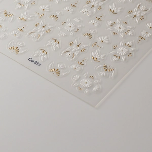 5D embossed nail art stickers with white floral patterns and gold foil accents Co-311