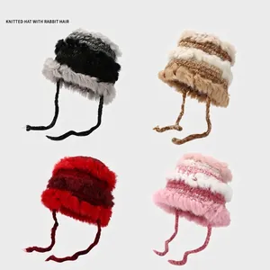 Winter Knitted Hat Faux Rabbit Fur Earflap Warm Windproof Cold Weather Fashion Cute Sweet Women Outdoor Headwear