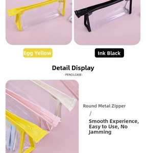 Detail of transparent pencil case with smooth metal ring zipper and colorful borders