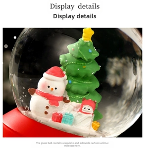 Close-up of resin snowman and Christmas tree inside a festive glowing crystal ball
