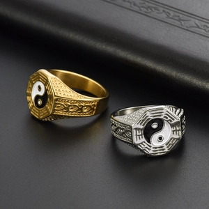 Vintage stainless steel Tai Chi Yin Yang Bagua rings in gold and silver finish