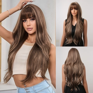Women Long Curly Wig Synthetic High Temperature Fiber Natural Big Wave Heat Resistant Hairpiece Flat Bangs Fashion Glamour